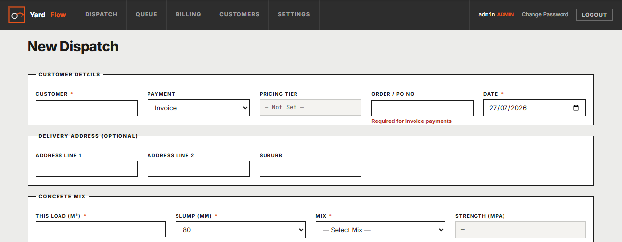 YardFlow New Dispatch screen — booking a load: customer, mix and volume, with the rate already set